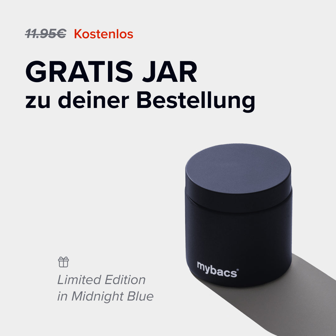 Gratis mybacs® Aufbewahrungsglas in Midnight Blue zur Bestellung dazu – Limitierte Edition im Wert von 11,95 €